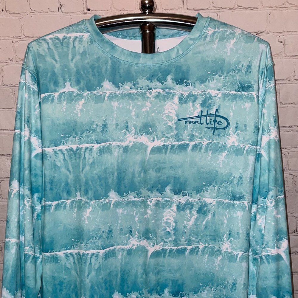 REEL LIFE MEN'S LONG SLEEVE "WAVE" PRINT FISHING SHIRT 100% POLYESTER SIZE XL